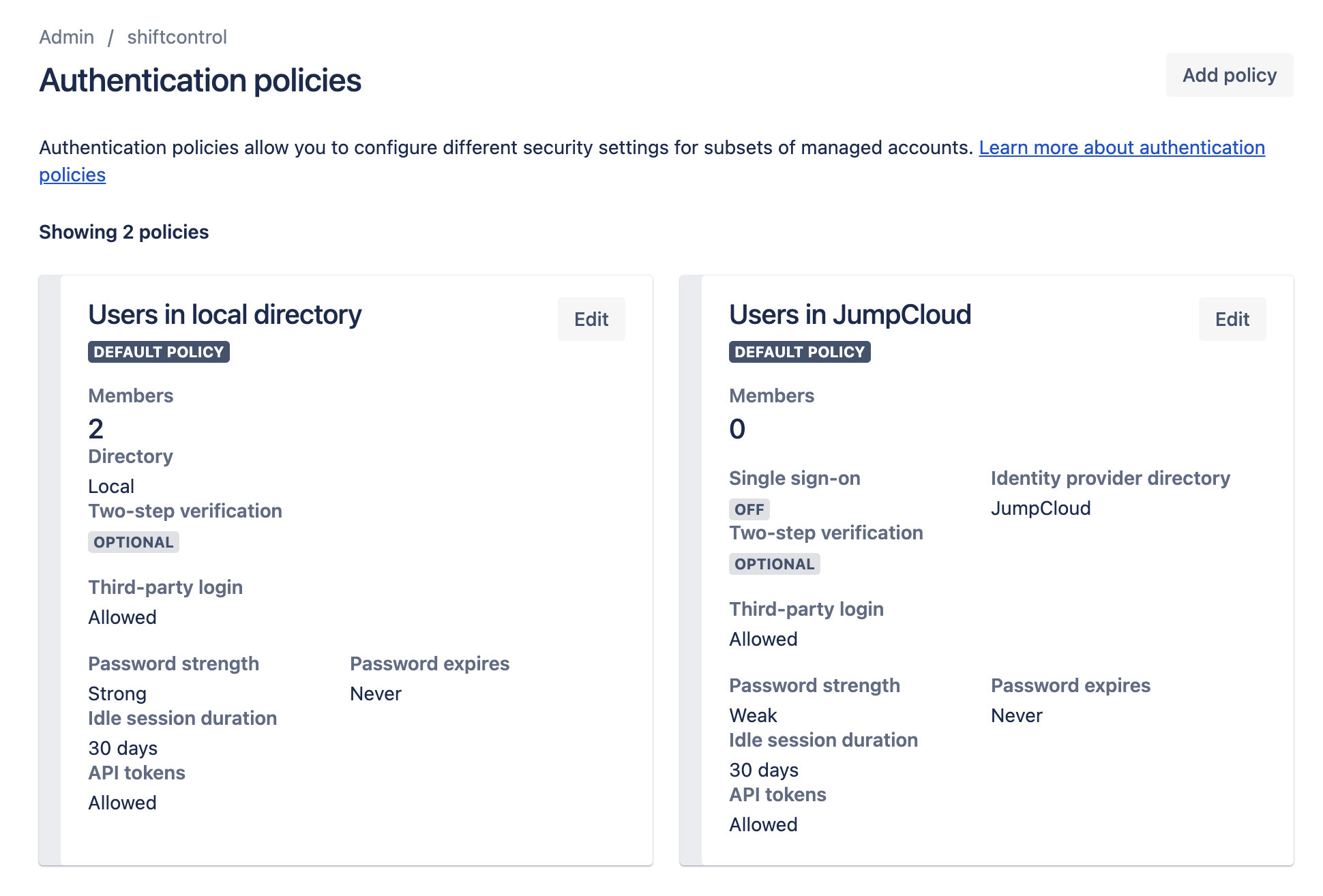 View auth policies