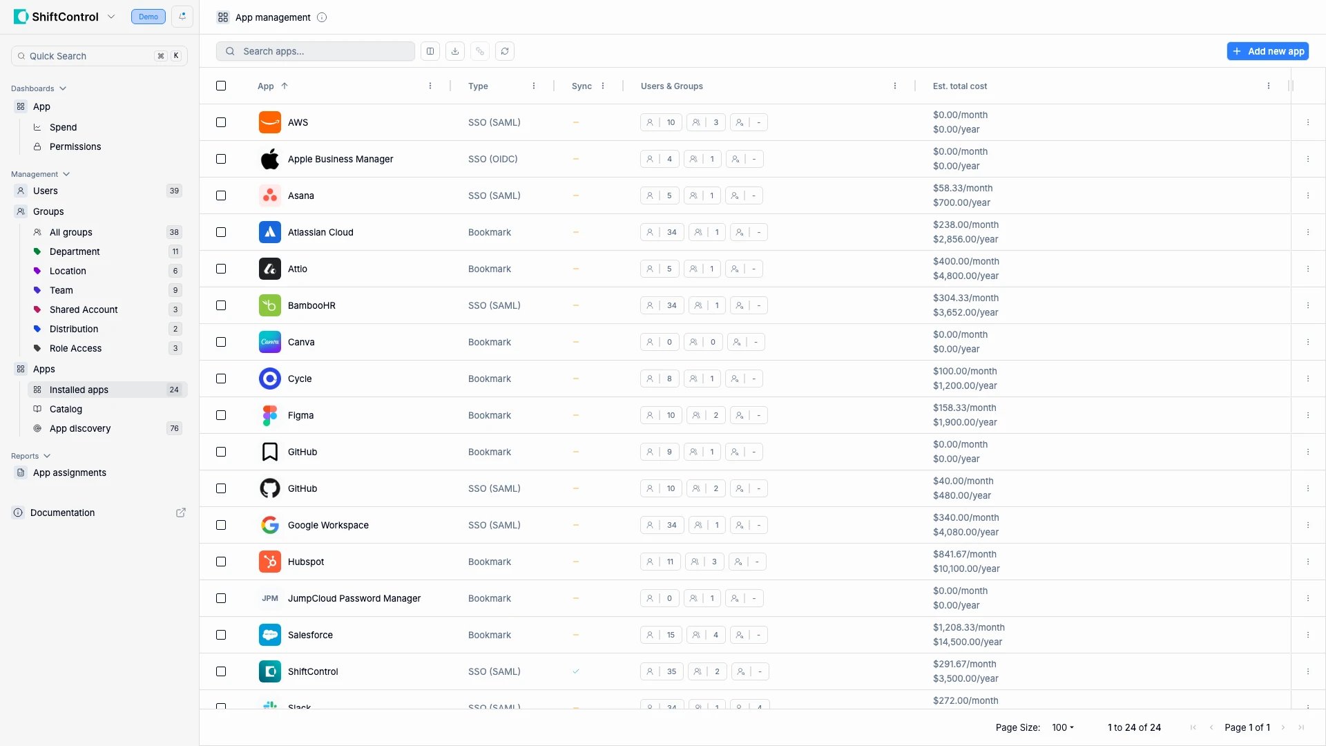 App Management page showing installed applications with type, access, and cost information