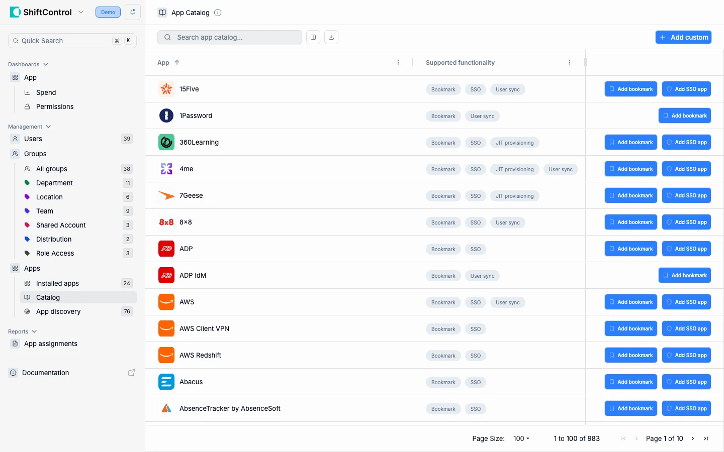 App catalog showing available applications