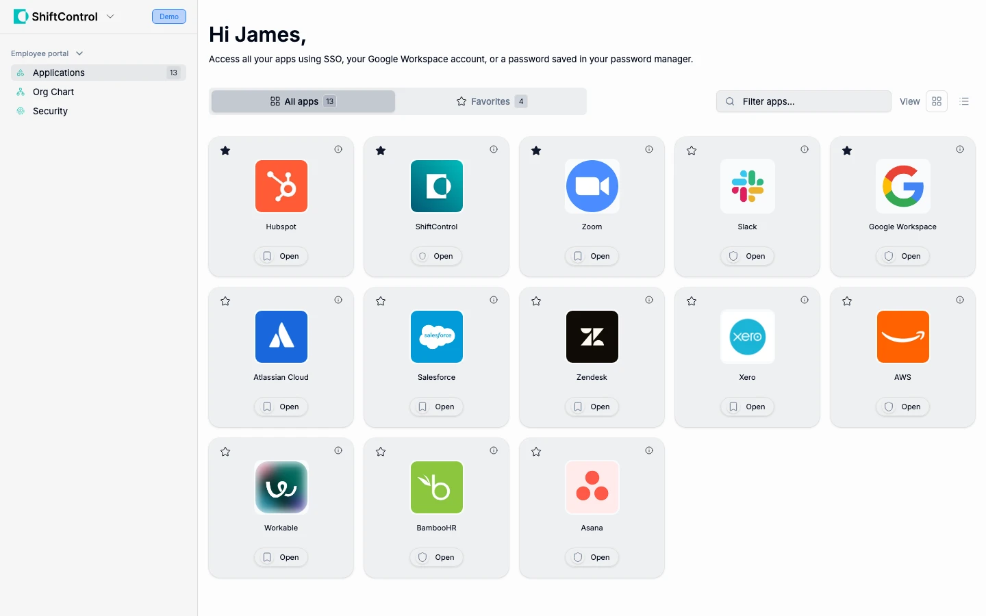 ShiftControl employee portal showing your available apps