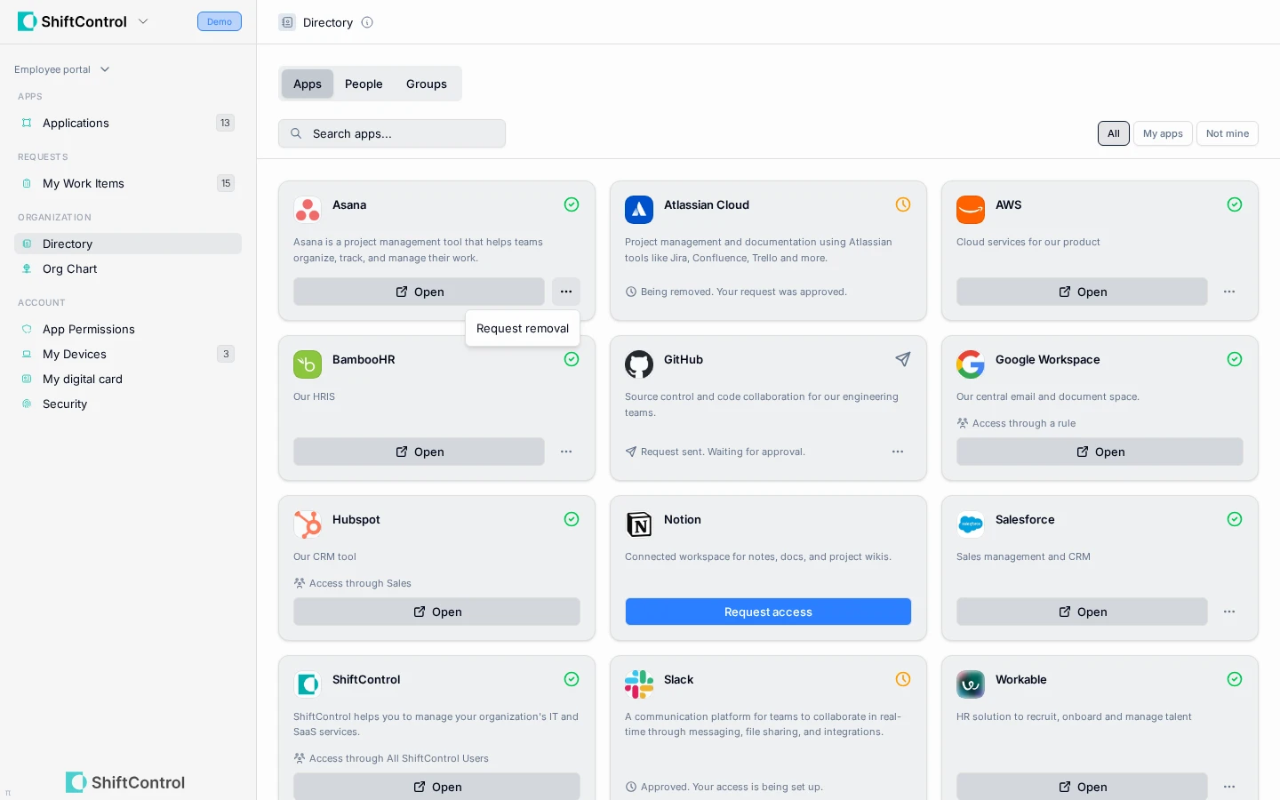 App actions menu with a Request removal option