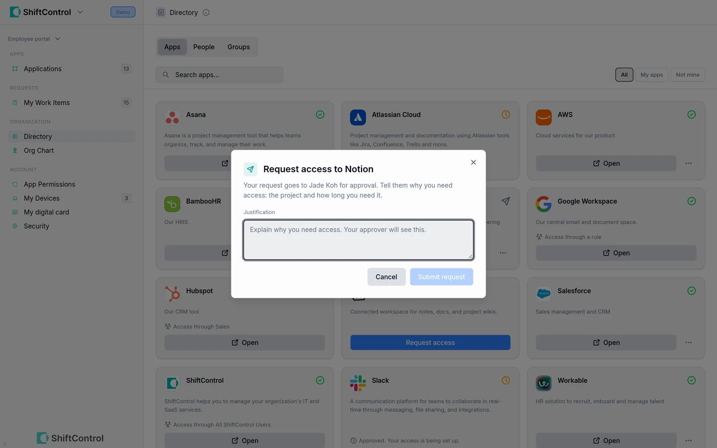 App access request dialog with an approver and justification field