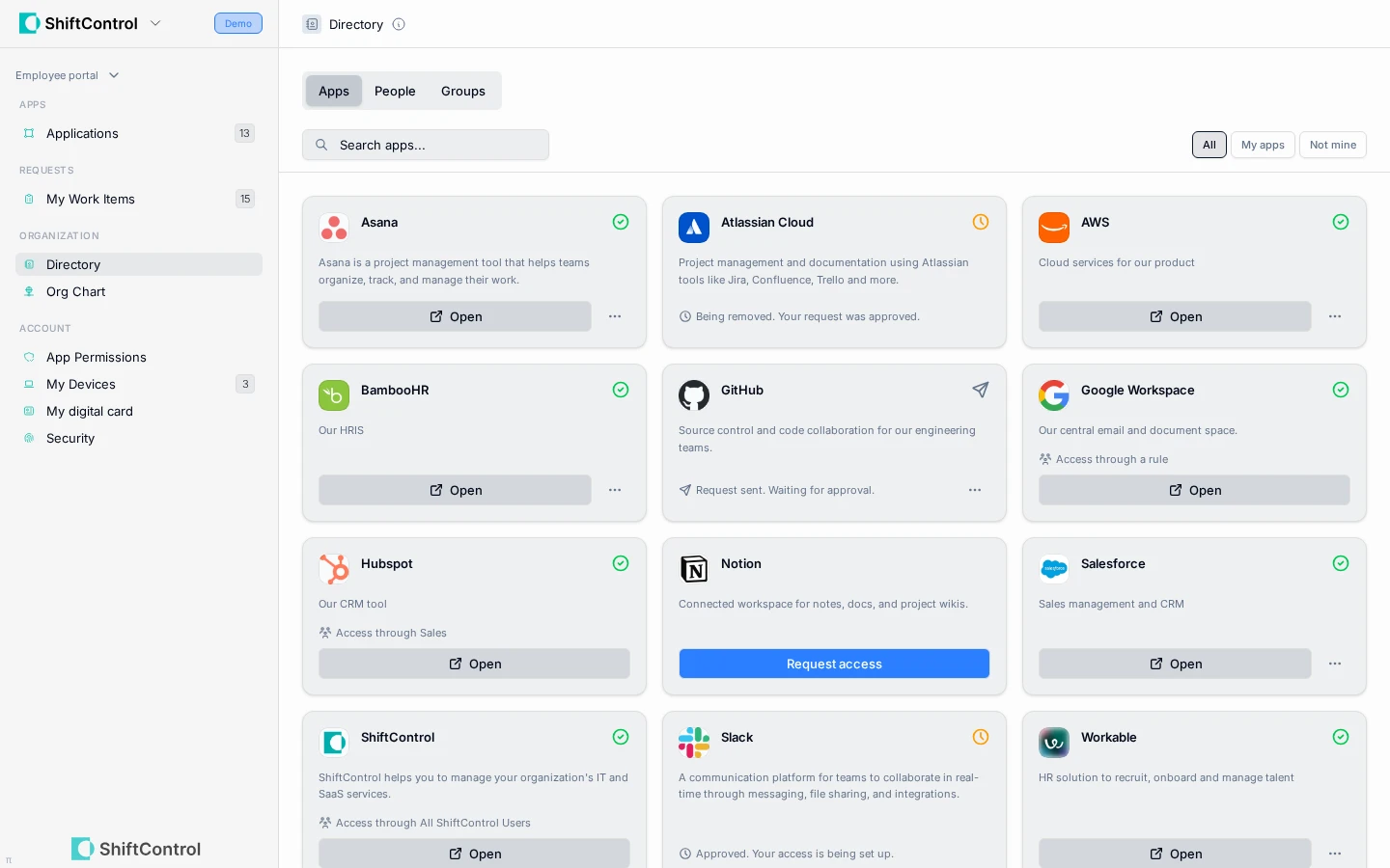 Directory Apps tab with available apps and access states
