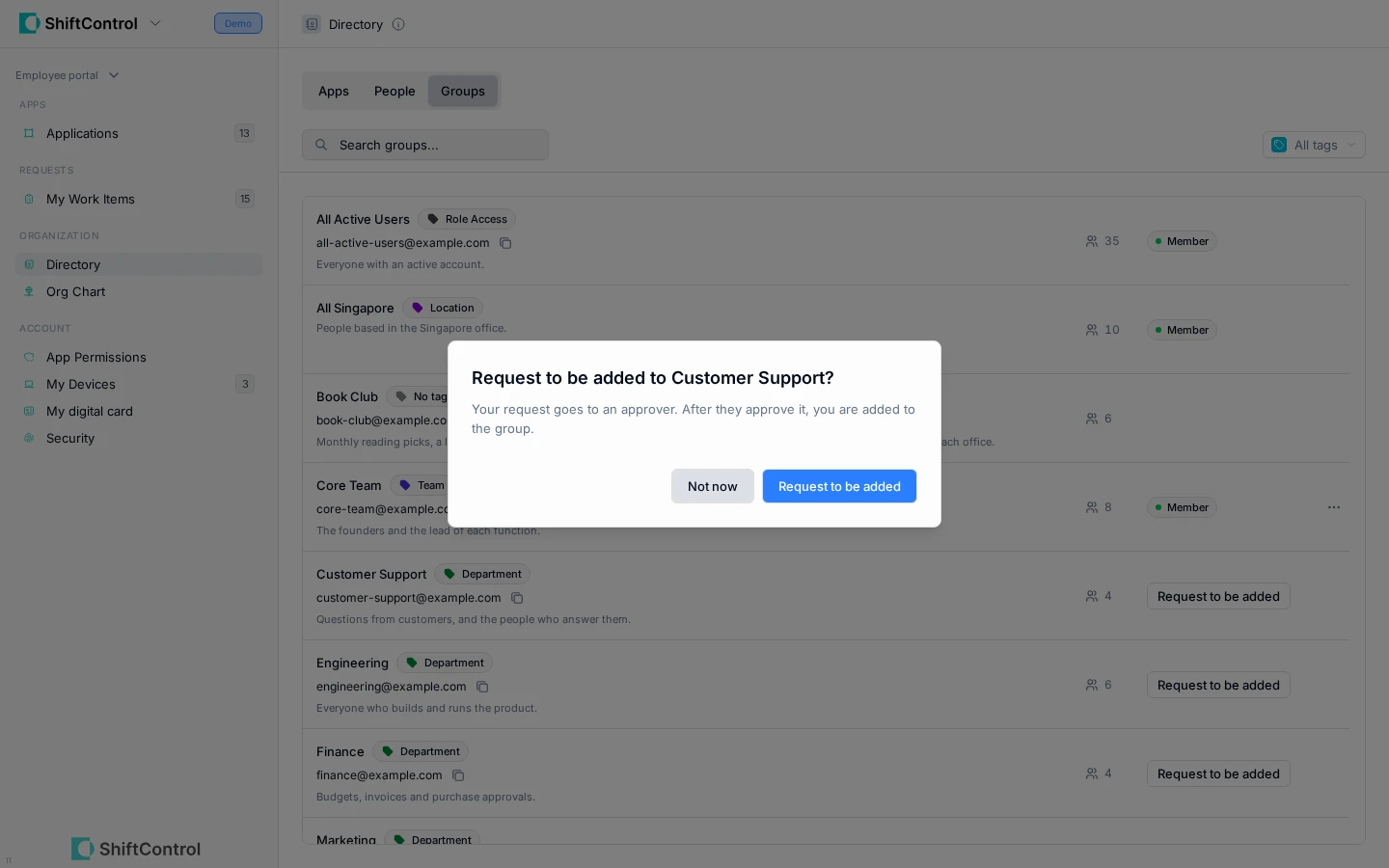 Confirmation dialog for requesting to join Customer Support
