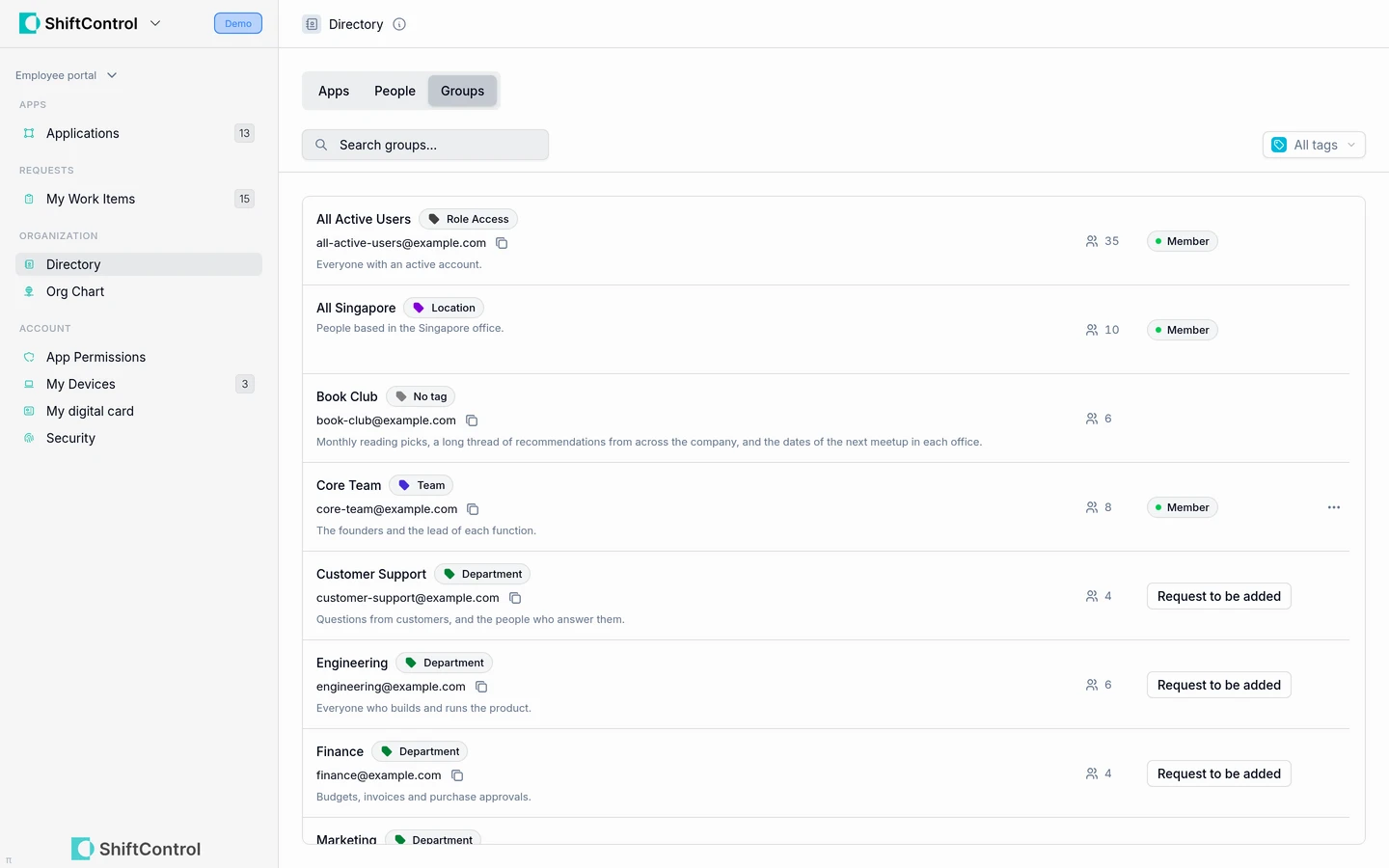 Directory Groups tab with group tags and membership actions