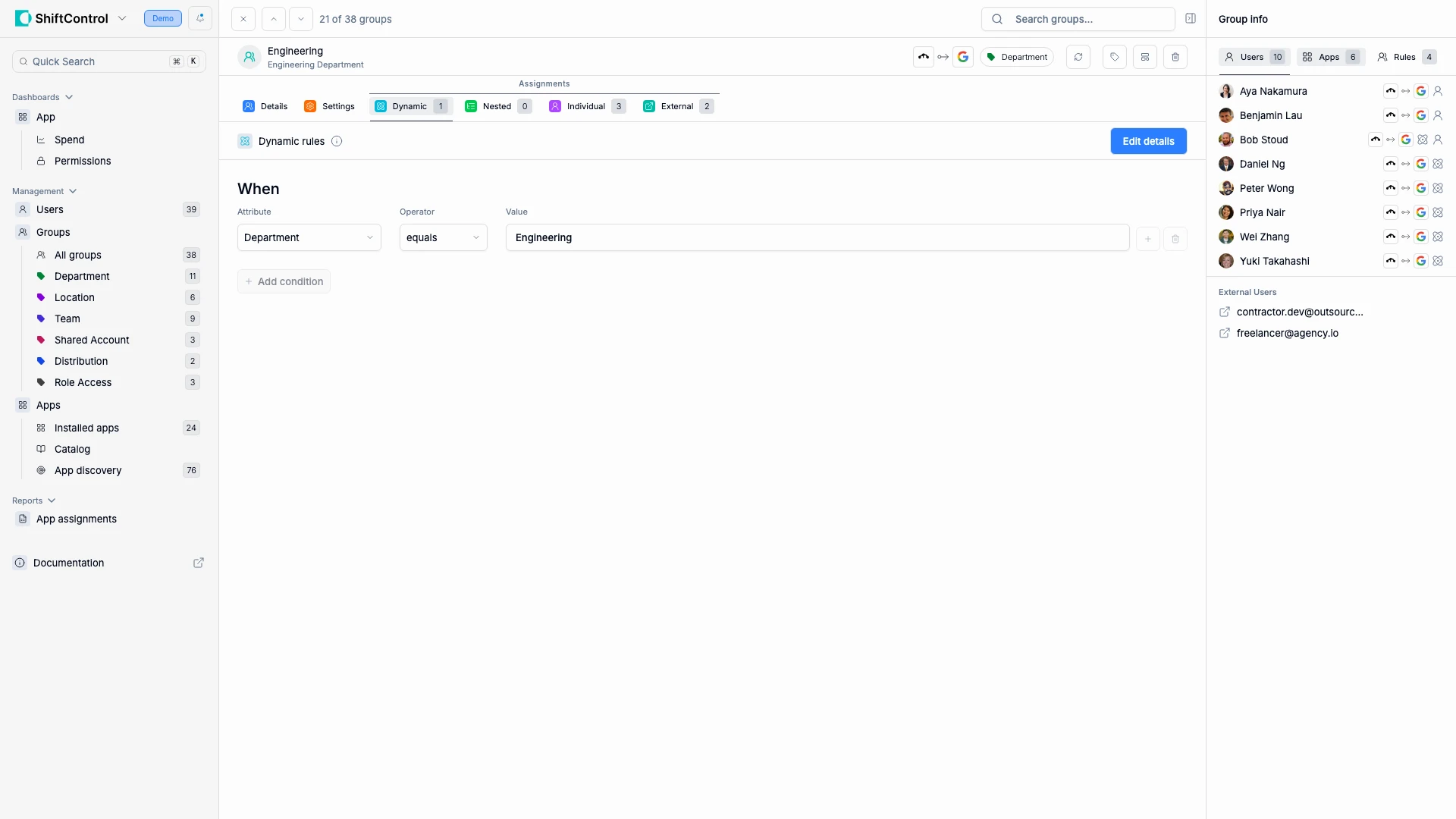 Group detail page showing membership, rules, and app assignments