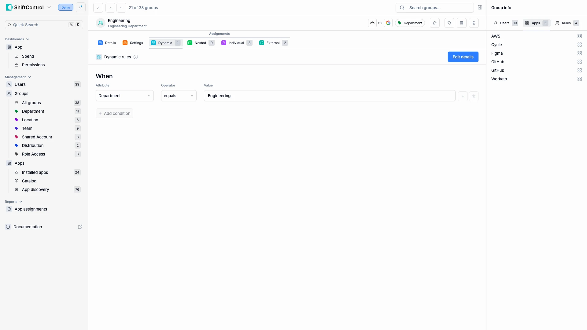 Sidebar showing assigned apps