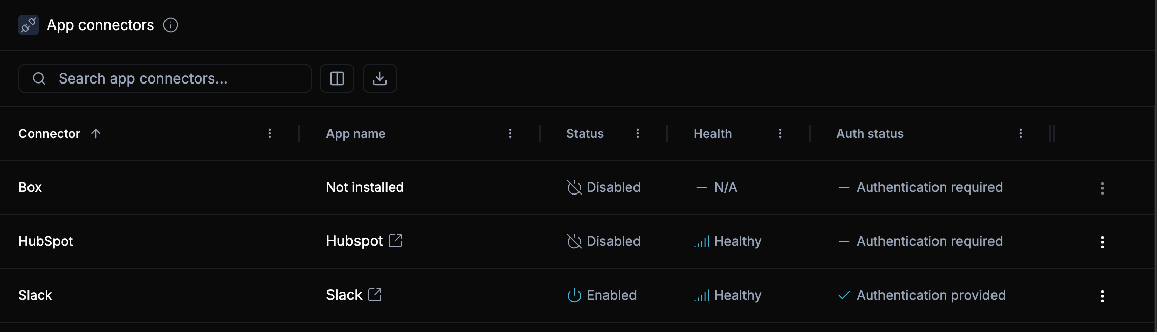 App connectors list view