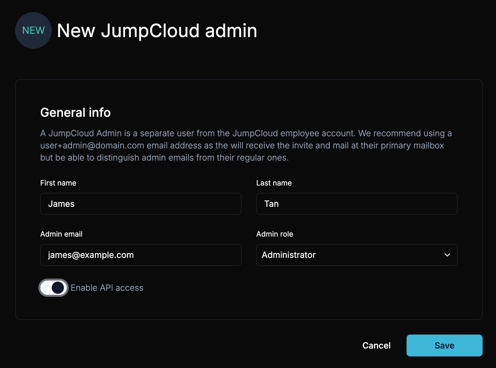 Create JumpCloud Admin form