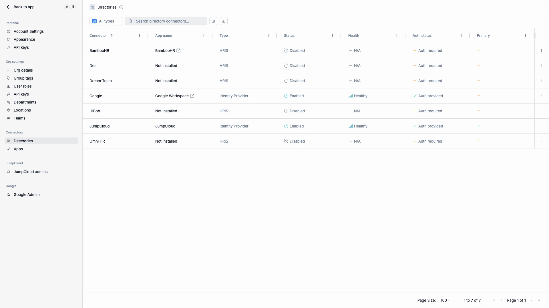 Directories settings showing connected identity providers and HRIS integrations with status and health