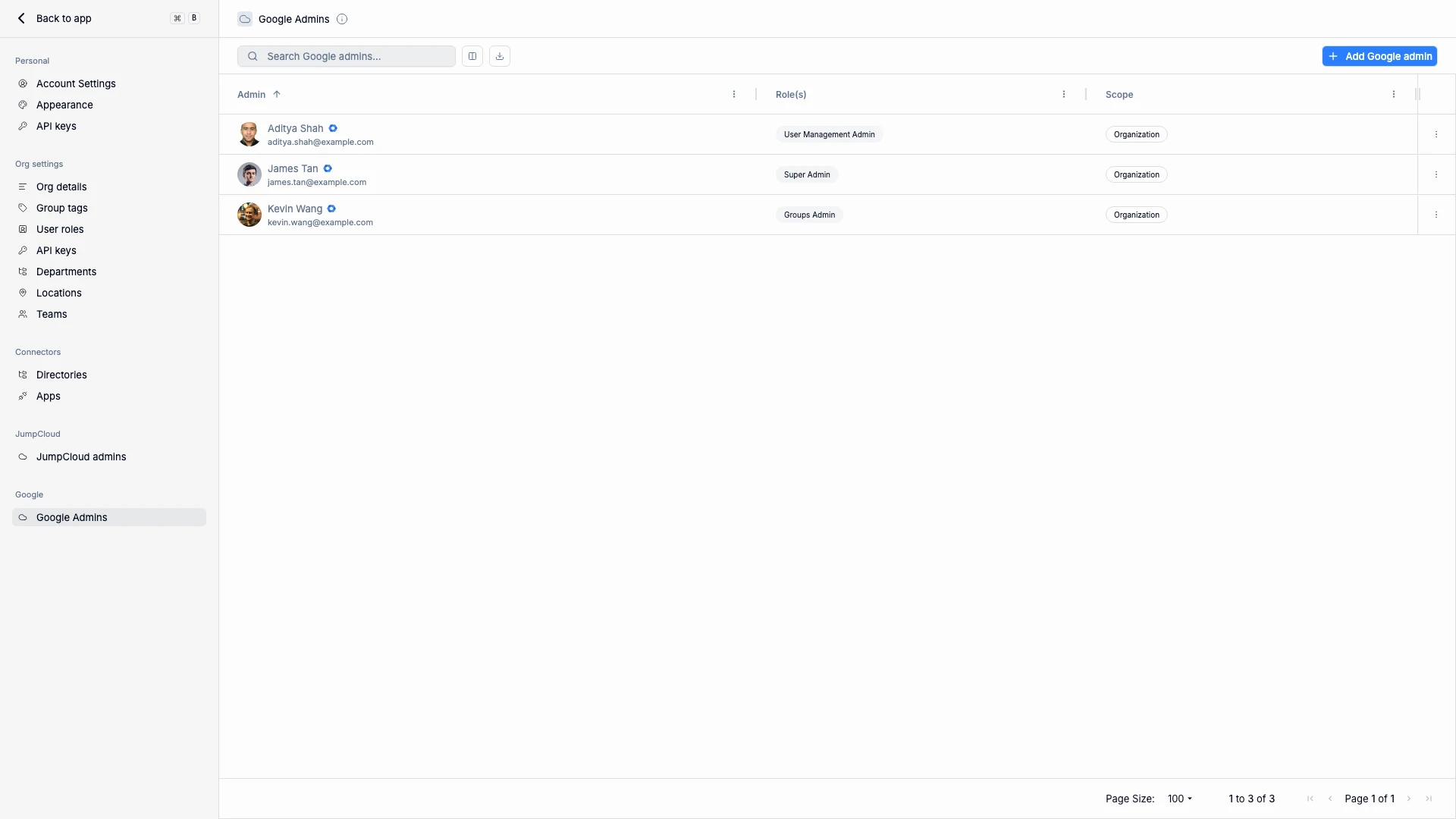 Google Workspace Admins page showing admin accounts with roles and organizational scope