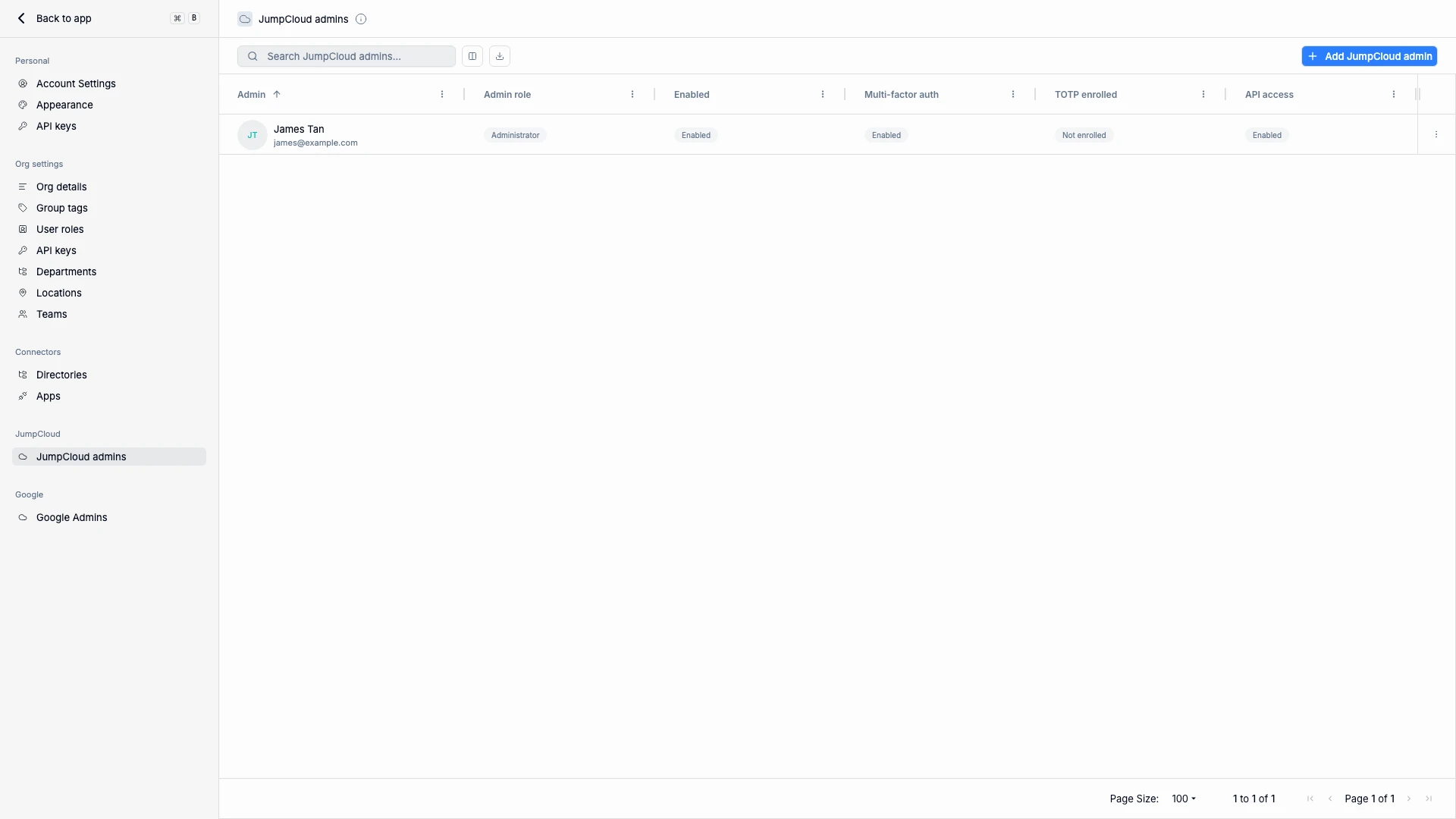 JumpCloud Admins page showing admin accounts with MFA status and API access