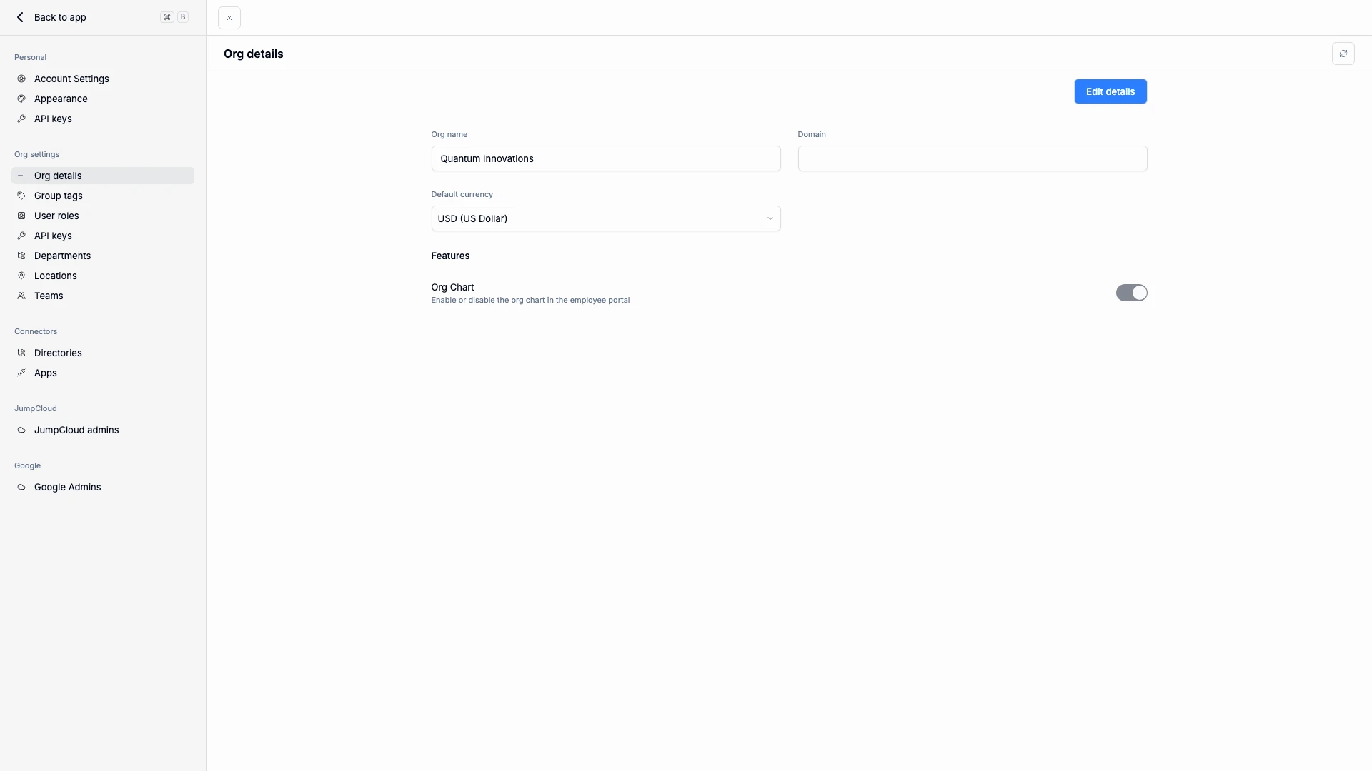 Org details configuration