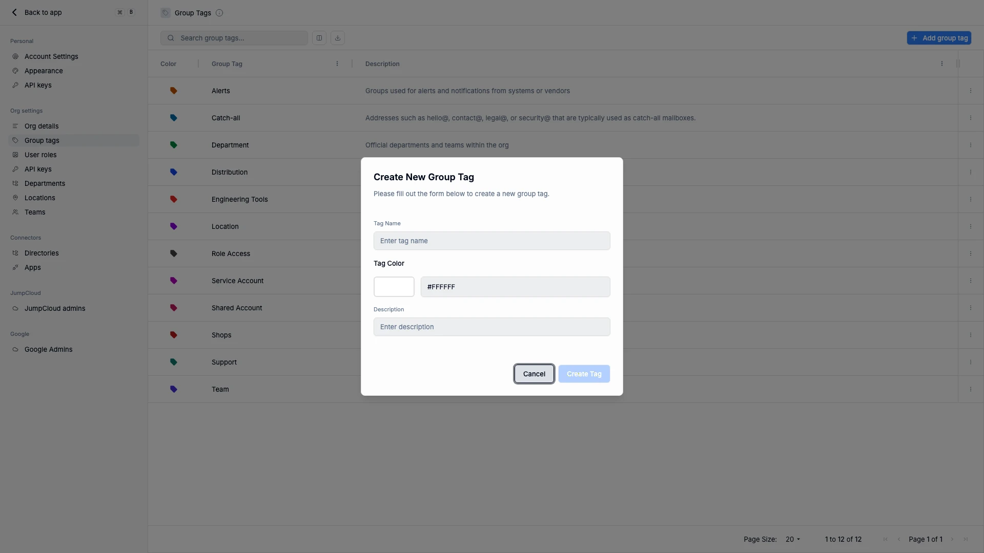 Create new group tag modal