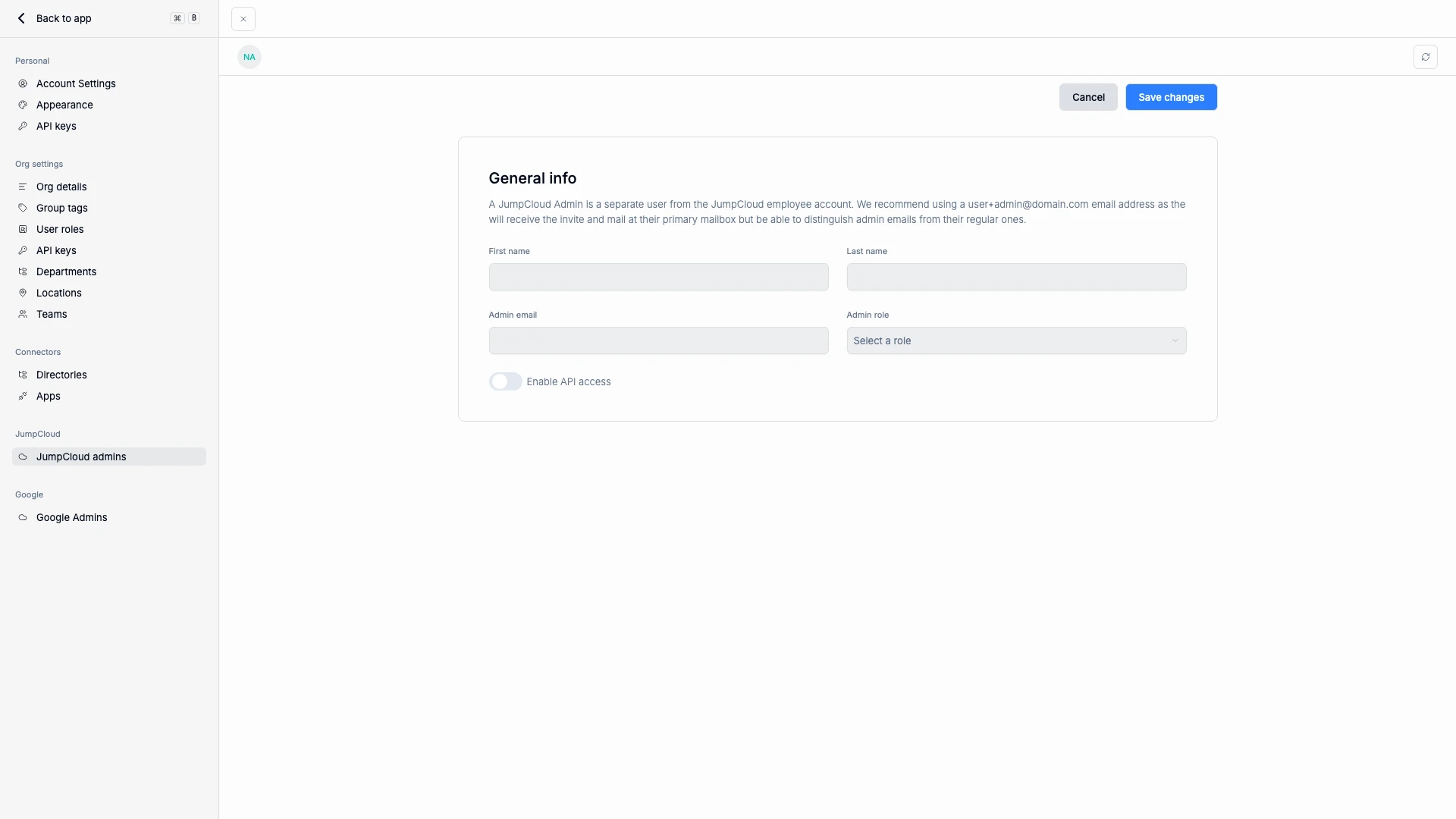 Create JumpCloud Admin form