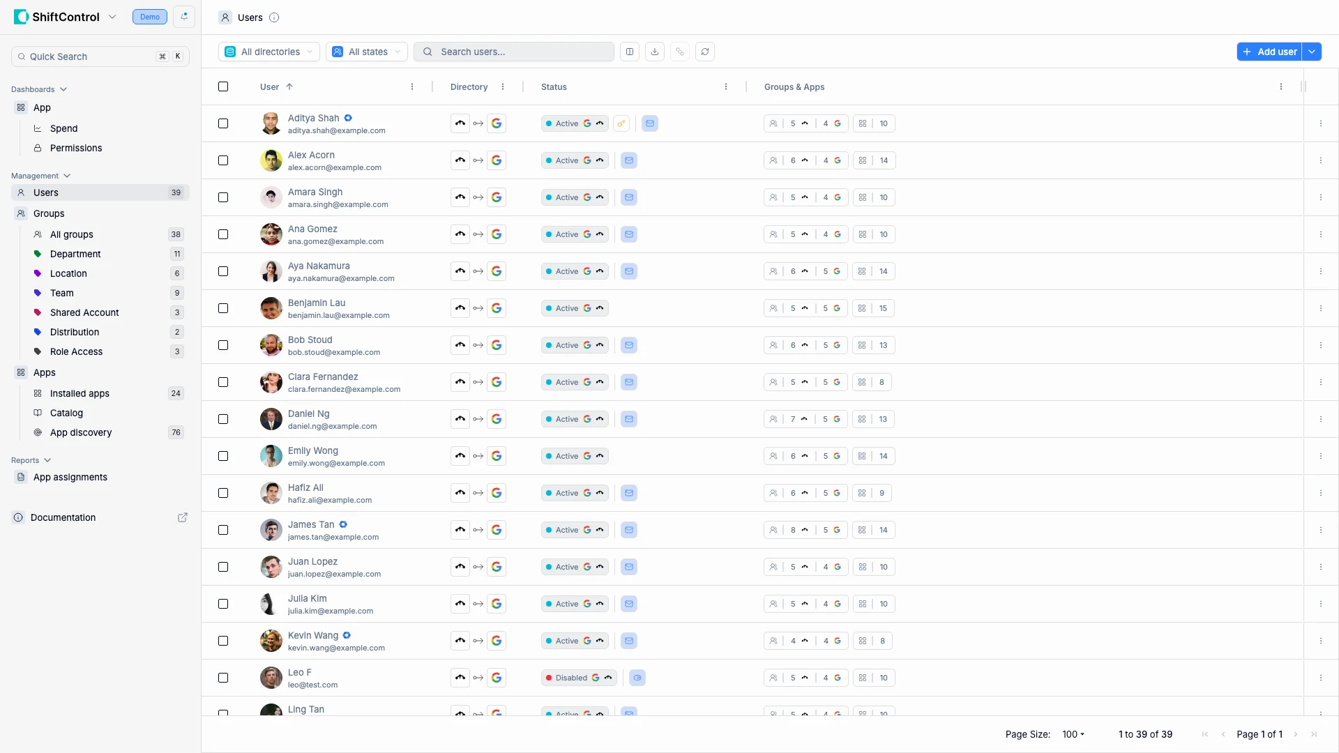 User Management page showing all users with directory status, groups, and app counts